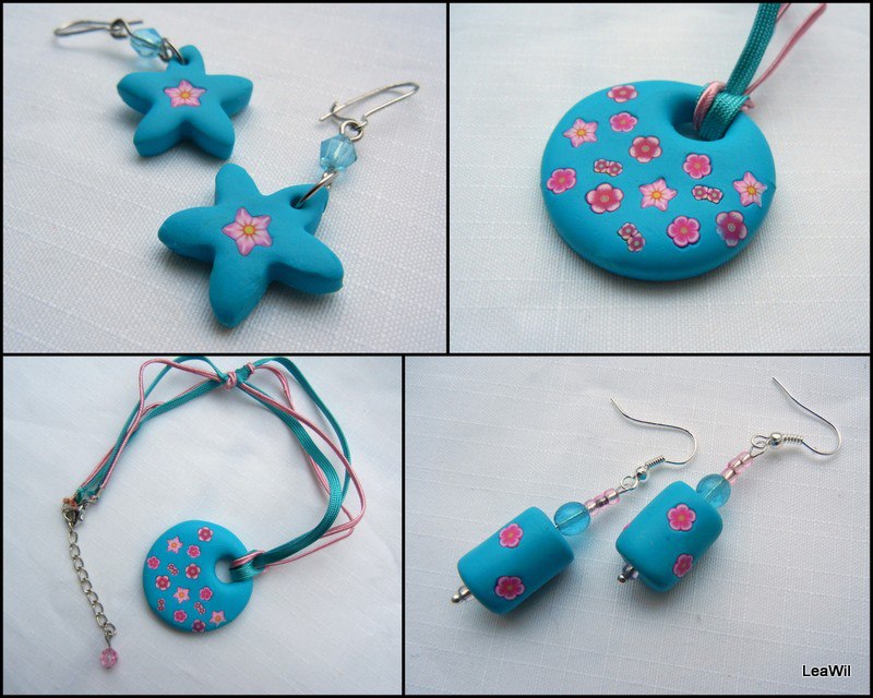 Růžová kvítka v tyrkysu - naušky válečky