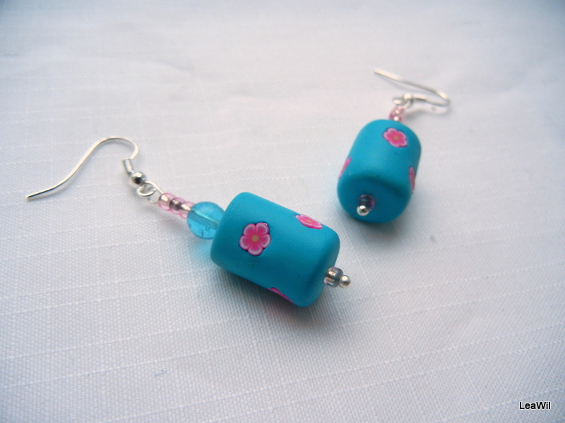 Růžová kvítka v tyrkysu - naušky válečky